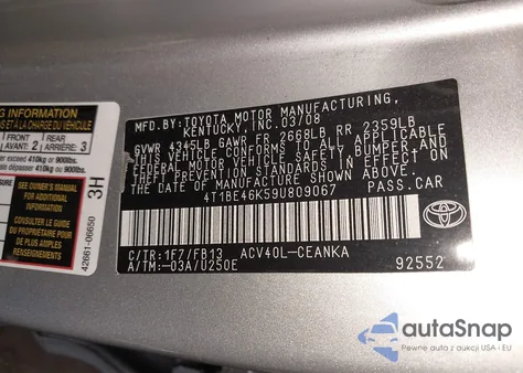 2009 Toyota Camry Le из США, поврежденный, VIN 4T1BE46K59U809067